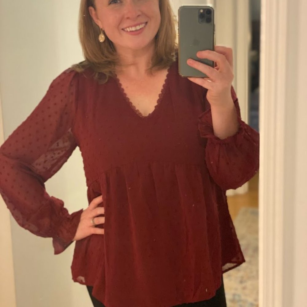 NWT Burgundy Swiss Dot Blouse